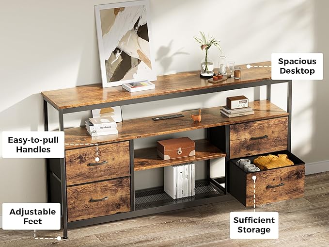 Huuger TV Stand Dresser with Power Outlets and LED Lights, 4 Drawers Entertainment Center with Shelves, 54 Inch Media Console for 55 60 Inch TV, 4 AC Outlets, 2 USBs, Rustic Brown