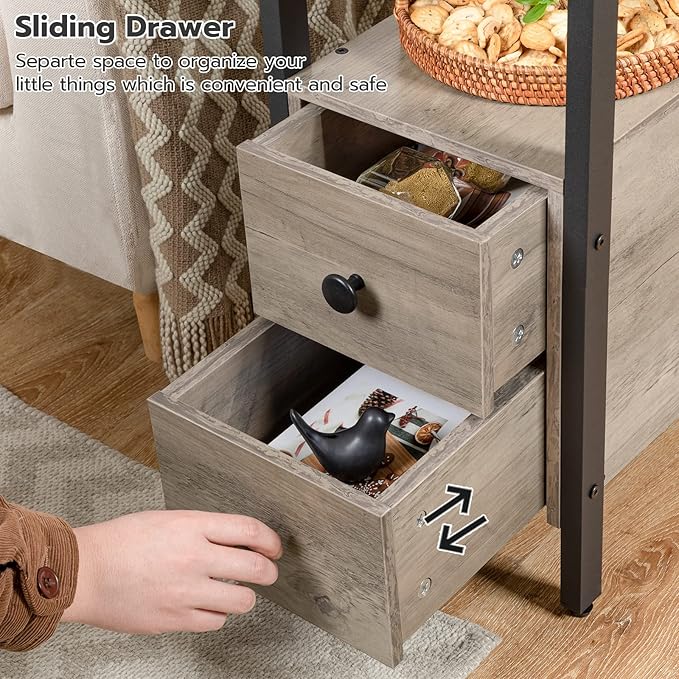 HOOBRO Set of 2 End Tables with Charging Station, Narrow Side Table with Drawers & USB Ports & Power Outlets, Nightstand for Small Spaces, Living Room, Stable, Greige and Black BG541BZP201