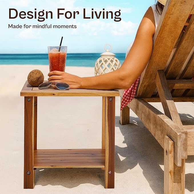 Adirondack Side Table – Weather-Resistant Rectangular End Table for Patio, Garden, Lawn, or Living Room | Indoor & Outdoor Wood Side Table, Rustic Style (Natural)