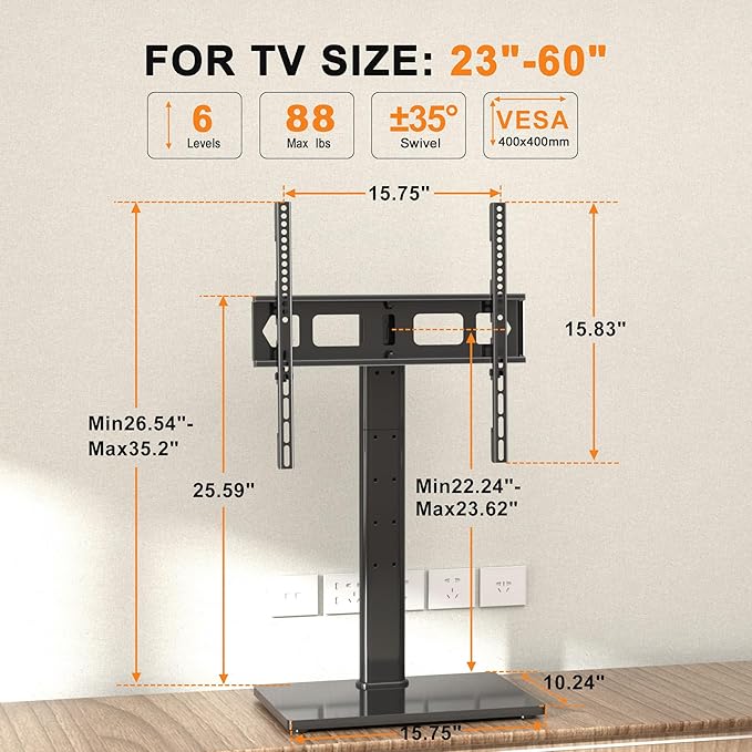 Universal Swivel TV Stand Base Table Top TV Stand for 23-60 Inch TVs 70 Degree Swivel, 6 Height Adjustable Monitor Mount Stand, Max VESA 400x400mm,Holds up to 88lbs TS206