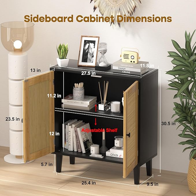 Bamboo Sideboard Buffet Cabinet with Rattan 2 Doors Kitchen Cupboard Accent Entryway Living Room Cabinet Black