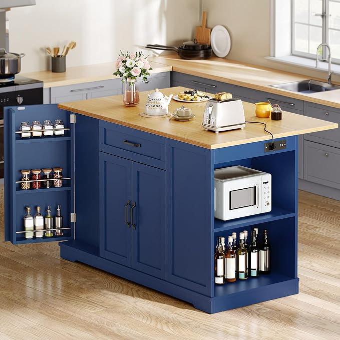 YITAHOME 50" Kitchen Island with Power Outlet & Drop Leaf, Rolling Island Cart with Trash Can Cabinet, Mobile Storage Islands with Microwave Rack, Door Storage Spice Rack, Navy Blue