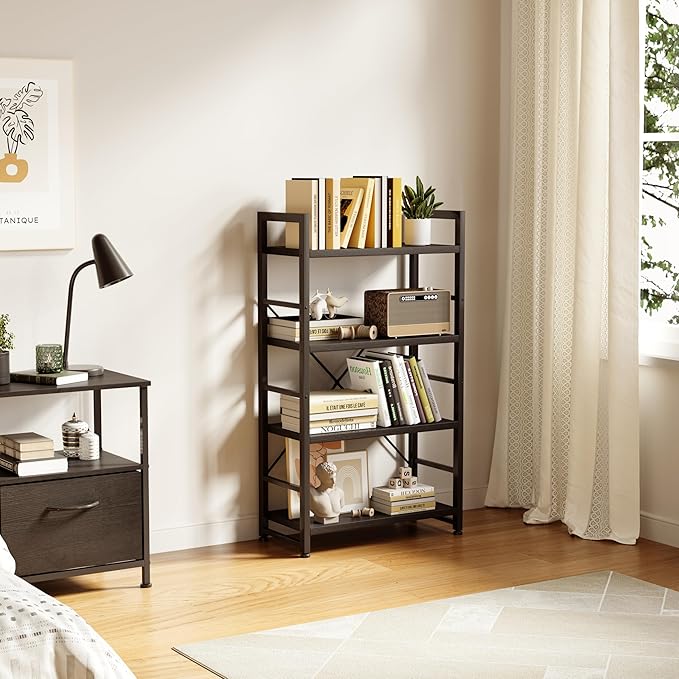 VERMESS 4 Tier Bookshelf, Tall Book Shelf, Vintage Industrial Bookcase with Open Display Shelves, Wood Storage Shelving Unit Metal Frame Standing Bookshelves for Bedroom/Home/Office, Black