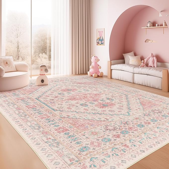 zesthome 9x12 Area Rugs for Girls Bedroom, Low Pile Machine Washable Rugs, Vintage Large Pink Rugs, Stain Resistant Nursery Room Rug, Baby Crawling Rug (Pink/Blue,9'x12')