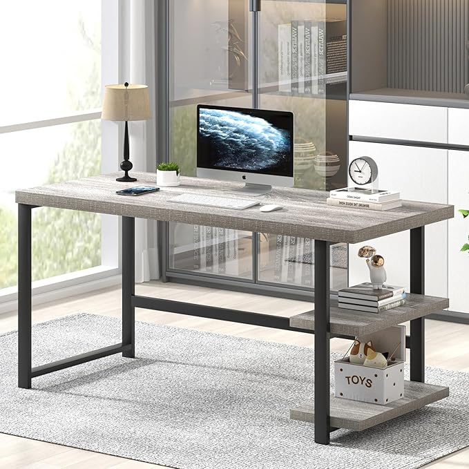 FOLUBAN Computer Desk, Modern Home Office Desk with Shelves, Wood Writing Study Gaming Table for Living Room Bedroom, Light Grey, 53 inch