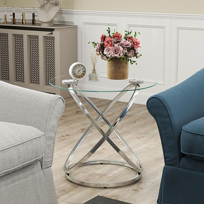 OIOG Glass Round End Table, Modern Contemporary Side Table for Small Space with Tempered Glass Tabletop for Living Room, Chrome Finish