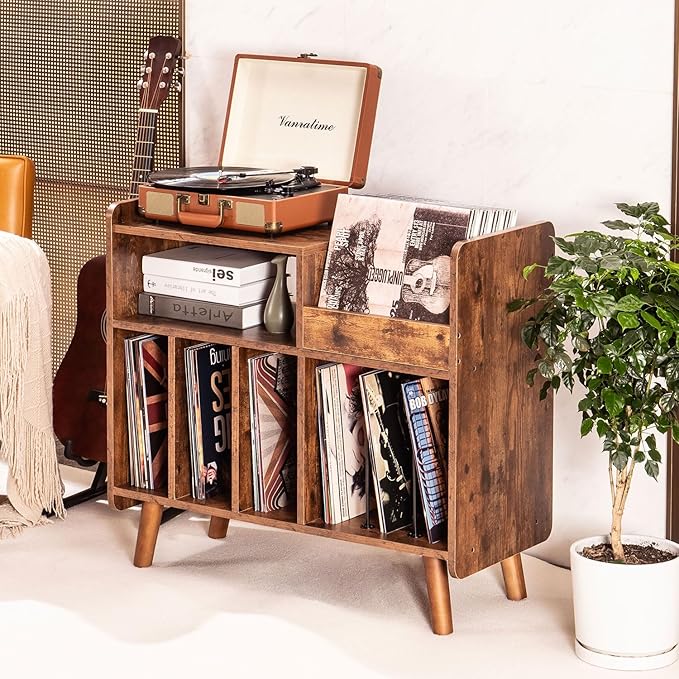 Record Player Stand, Large Record Player Table Cabinet with Open Vinyl Storage and Display Shelf Holds up to 350 Albums, Mid Century Wood Turntable for Living Room, Bedroom (Brown)