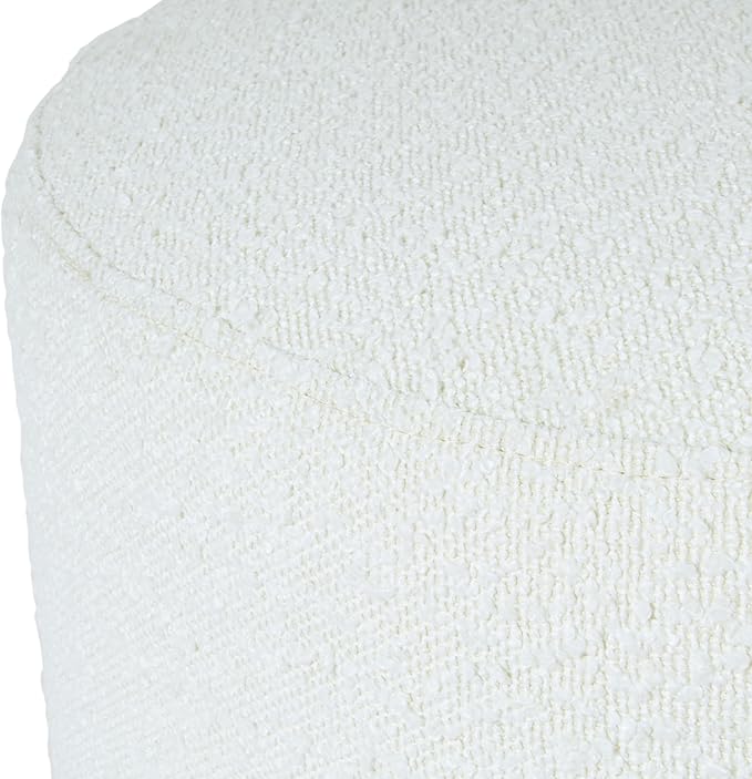 Bouclé Ottoman with Wooden Base – 22” Round Upholstered Footrest, Cream Textural Fabric, Modern Accent Stool for Living Room & Bedroom
