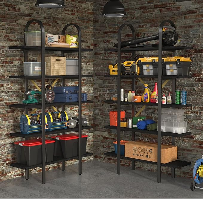 Wide Bookshelf Arched Bookcase, Industrial 5 Tier Open Book Shelves with Metal Frame, 72" Tall Freestanding Heavy Duty Display Rack for Home Office, Living Room,Black,Easy Assembly
