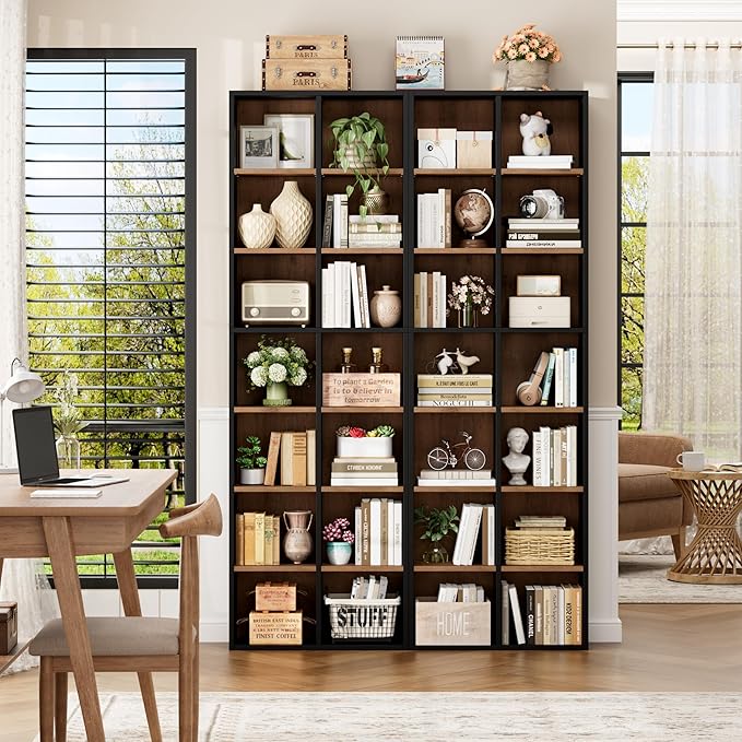 FOTOSOK 71'' Tall Bookshelf, Double Wide Media Tower Rack CD DVD Rack Display Cabinet with Adjustable Shelves, Tall Narrow Bookcase Bookshelf for Home Office, Black/Brown