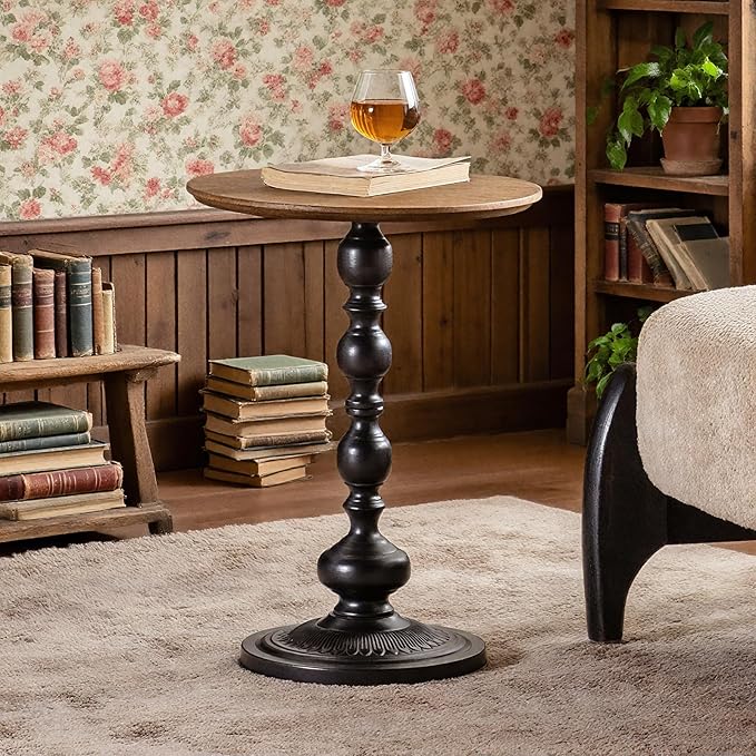 Round End Table, Framhose Small Side Table with Wood Top and Black Base, Pedestal Table for Living Room Corners Bedroom Patio and Bar（20" Hight）