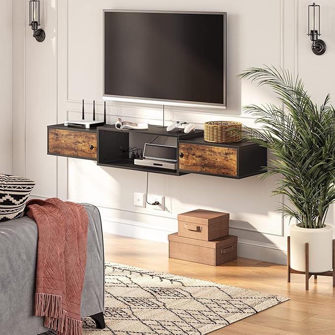 HOOBRO 55" Floating TV Stand with Power Outlet, Modern Wall Mounted Media Console Shelf Cabinet for Under TV Storage, Entertainment Center, Living Room, Bedroom, Rustic Brown and Black BF11DS01