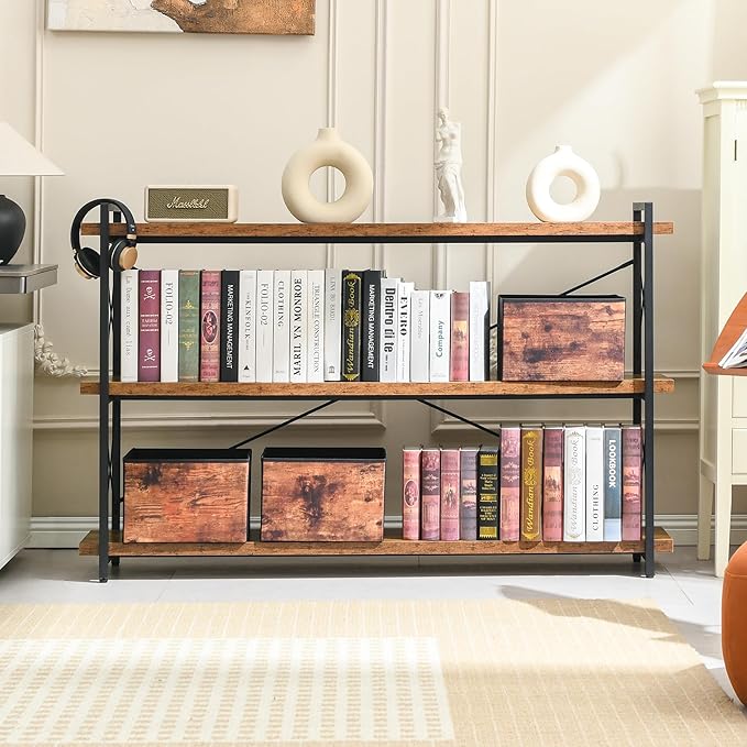 HCHQHS Bookshelf, 3-Tier Long Industrial Bookcase, Rustic Open Book Shelf, Freestanding Horizontal Bookshelves with Metal Frame