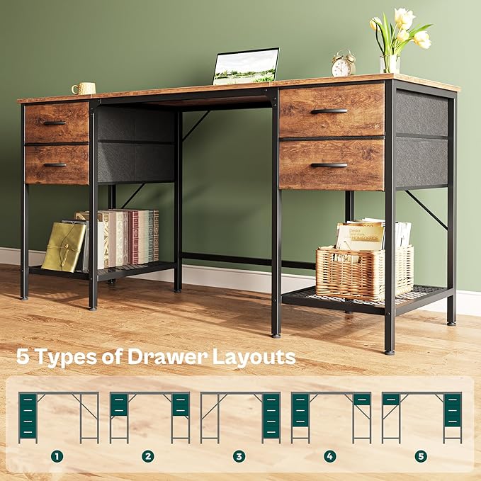 Huuger 63 Inch Computer Desk with 4 Drawers and Mesh Shelf, Gaming and Work Desk for Home Office, Study, Bedroom, Work from Home, Rustic Brown