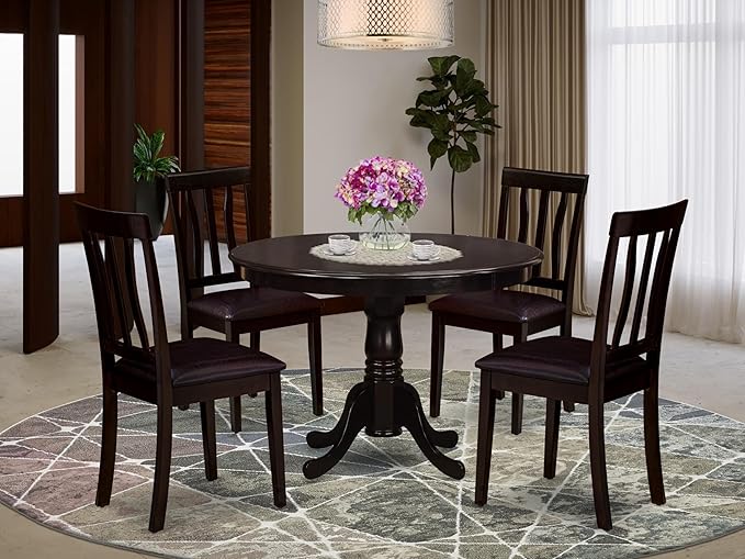 East West Furniture HLAN5-CAP-LC 5 Piece Dining Table Set for 4 Includes a Round Kitchen Table with Pedestal and 4 Faux Leather Dining Room Chairs, 42x42 Inch, Cappuccino