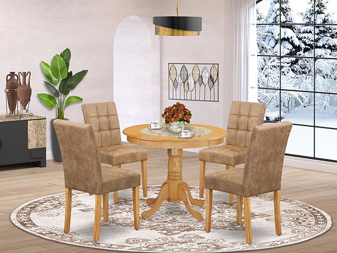 East West Furniture ANAS5-OAK-28 5 Piece Mid Century Dining Set Includes A Dinning Table and 4 Brown Textured Polyester Fabric Padded Chairs, Oak