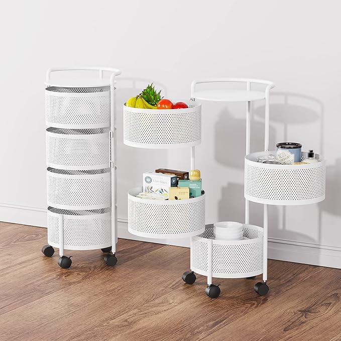 JAQ Rotating Storage Shelves Rack for Kitchen, 4-Tier Multi Layer Removable Basket Shelf Organizer on Rolling Wheels for Fruit Vegetable Grocery Corns Potato Onion (4-Tier, White)