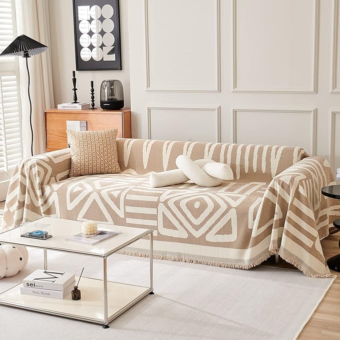 STACYPIK Boho Couch Cover, Khaki Sofa Cover for Dogs, Tassels Loveseat Cover for Sectional, L-Shape Protector for 3 Cushion Couch, Washable Chenille Slipcover, Multi-Use Decorative Blanket-71X134IN