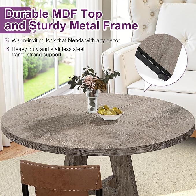 Round Dining Table for 4, 47" Wooden Kitchen Dinner Table Rustic, Farmhouse Table for Dining Room, Living Room, Gery