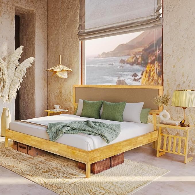 Bme Nipe King 14 Inch Bohemian Bed Frame with Adjustable Woven Headboard - Rustic & Vintage Unique Style with Acacia Wood - No Box Spring Needed - Easy Assembly - Natural