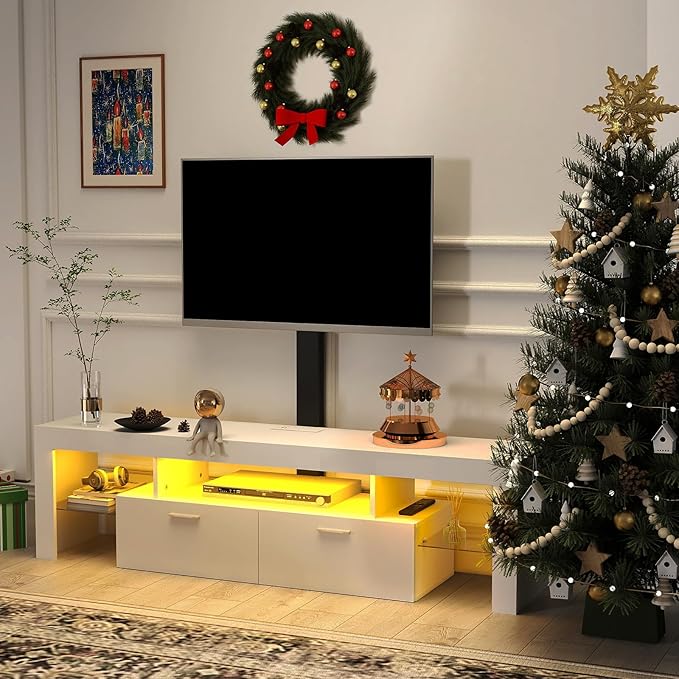 Redkey Modern TV Stand with Mount - TV Console with 2AC Outlets - Television Stands with RGB Led Light for 75 Inch TVs - Double Cabinet - 40°Adjustable Amplitude - White