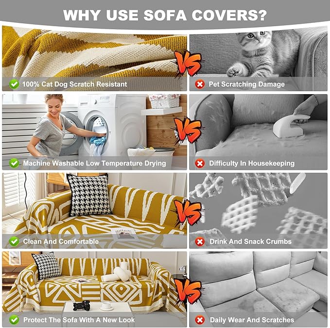 STACYPIK Boho Ginger Yellow Couch Cover, Reversible Sofa Cover L Shaped, Pets Protector for 2 Cushion Couch, Anti Slip Loveseat Sofa Cover Pet Friendly, Washable Jacquard Couch Cover Blankets-71X118IN