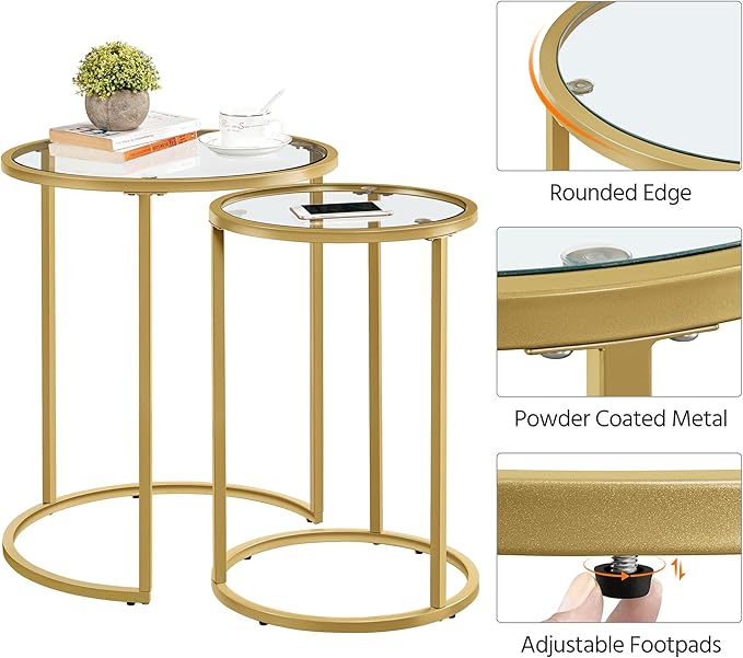 Yaheetech Round Nesting Side Table Stacking Coffee Table, Set of 2 Circular End Tables w/Metal Frame & Tempered Glass Top & Protective Foot Pads for Small Space Living Room Office, Mustard Gold