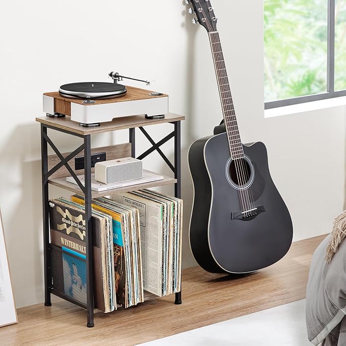 AMHANCIBLE Record Player Stand with Charging Station, Turntable Stand with Storage Cabinet, 3 Tier End Table Hold Up to 100 Albums, Record Stand for Vinyl, Living Room, Greige, HETCD01GY-1