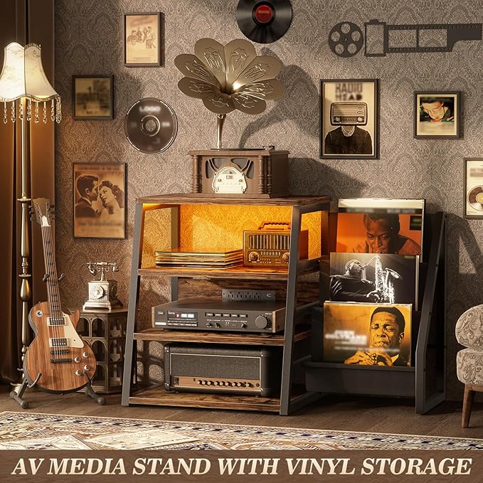 AV Media Stand with Outlets, Stereo Stands and Racks with Vinyl Storage, Stereo Stand with Record Storage, Audio Stereo Rack Cabinet, Turntable Console Stand with LED lights, 4 Tiers, Rustic Brown