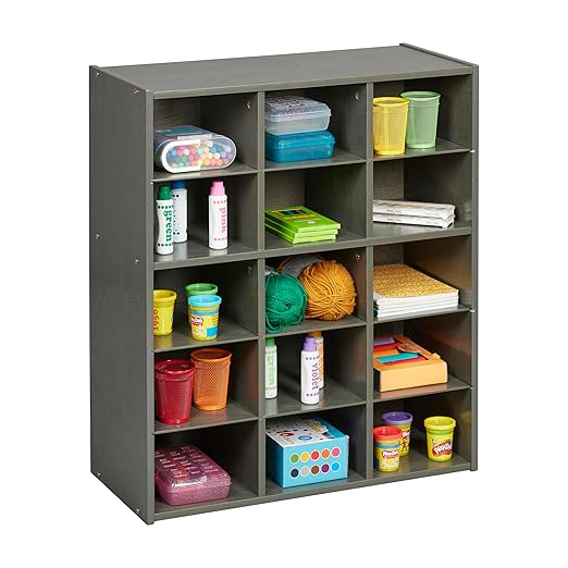 ECR4Kids Streamline 15 Cubby Tray Storage Cabinet, 5x3, Classroom Furniture, Grey Wash