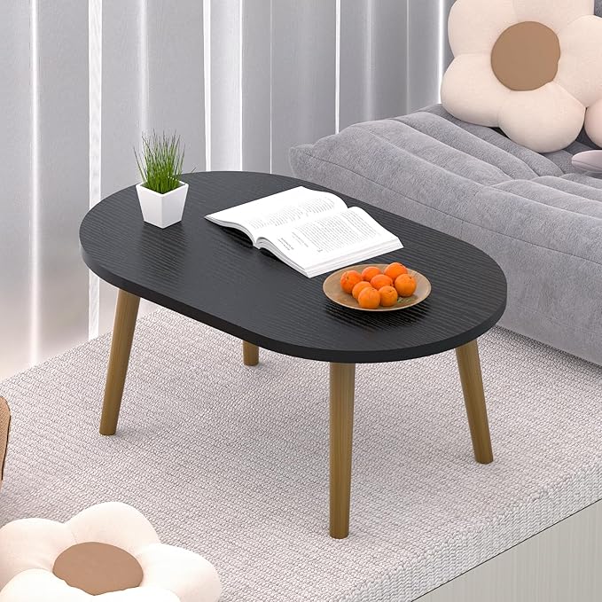 Small Coffee Table for Small Space, Low Table, Floor Table Desk for Sitting on The Floor, Japanese Coffee Table for Living Room, Tatami Tea Tables with Solid Wood Legs, Oval Coffee Tables, Black