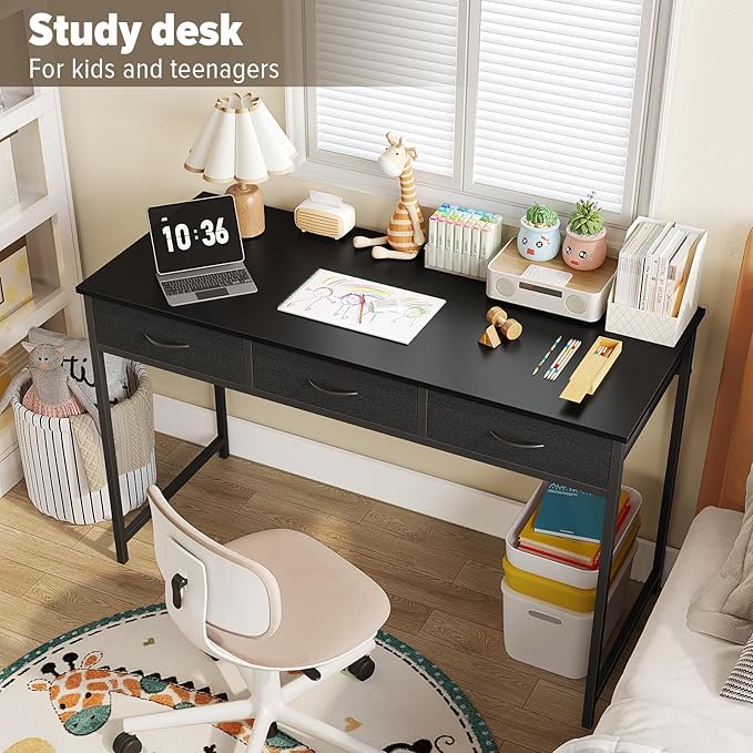 WOHOMO Computer Desk with 3 Drawers, 47.2 Inch Bedroom Desk with Storage, Home Office Desk for Room Spaces, Modern Work Writing Study Tables, Black
