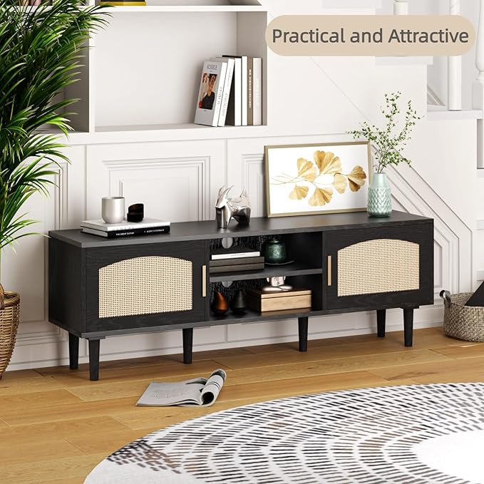 TV Stand for TVs up to 60", Modern Entertainment Center with 2 Rattan Doors, TV Cabinet with Solid Wood Legs & Golden Handles, TV Media Console Table for Living Room, Black & Wood