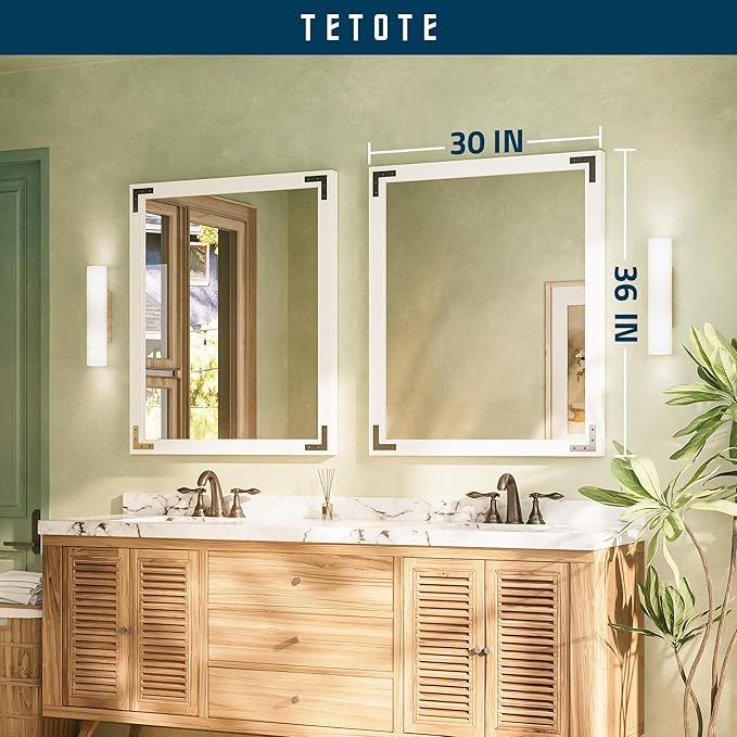 TETOTE 30 x 36 White Wooden Mirror for Bathroom Wall/Bedroom/Living Room/Entryway Farmhouse Rustic Bathroom Vanity Mirror Waterproof (Horizontal/Vertical Mounted)