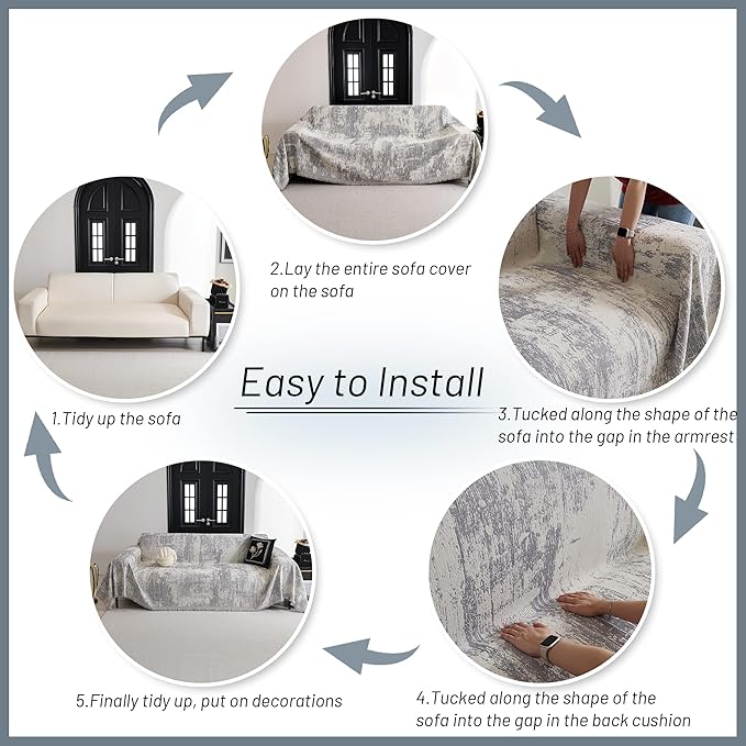 MYSKY HOME Boho Couch Cover for Dogs Washable Grey Abstract Couch Sofa Protector for Loveseat Sofa with Pets Friendly Chenille Geometric Sofa Covers Soft Durable Farmhouse Sofa Slipcovers, 91" X118"