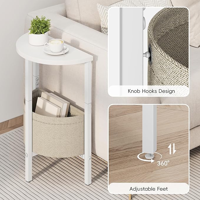 VAGUSICC Small Round Side Table End Table with Storage Basket, Tall Accent Coffee Table Round Nightstand, Set of 2 Half Round Tables Half Moon Tables, Sofa Bedside Table for Living Room Bedroom, White