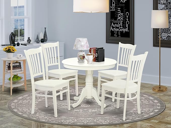 East West Furniture ANGR5-LWH-W 5 Piece Dining Table Set for 4 Includes a Round Kitchen Table with Pedestal and 4 Dining Room Chairs, 36x36 Inch, Linen White