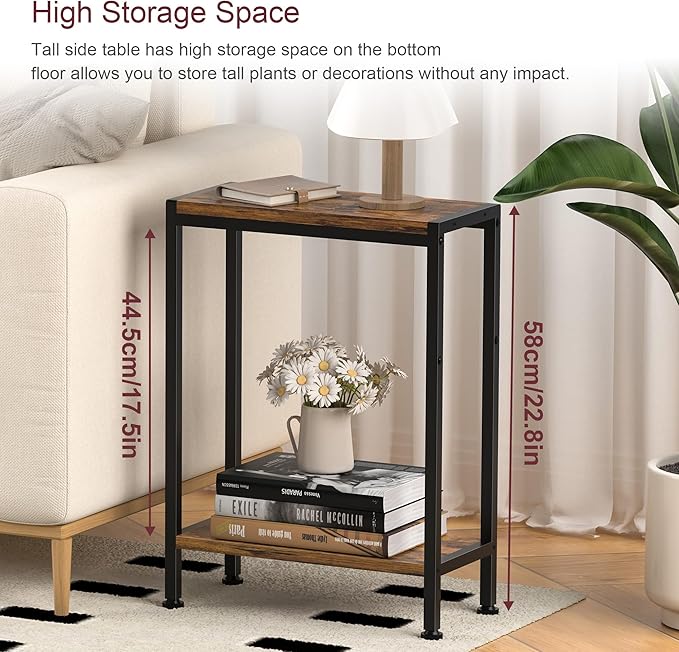 Narrow Side Table for Small Space Set of 2, 2-Tier Small End Table with Shelf Holder, Slim Nightstand, Skinny Snack Couch Table in Living Room, Bedroom, Study, Kitchen and Balcony（Rustic Brown