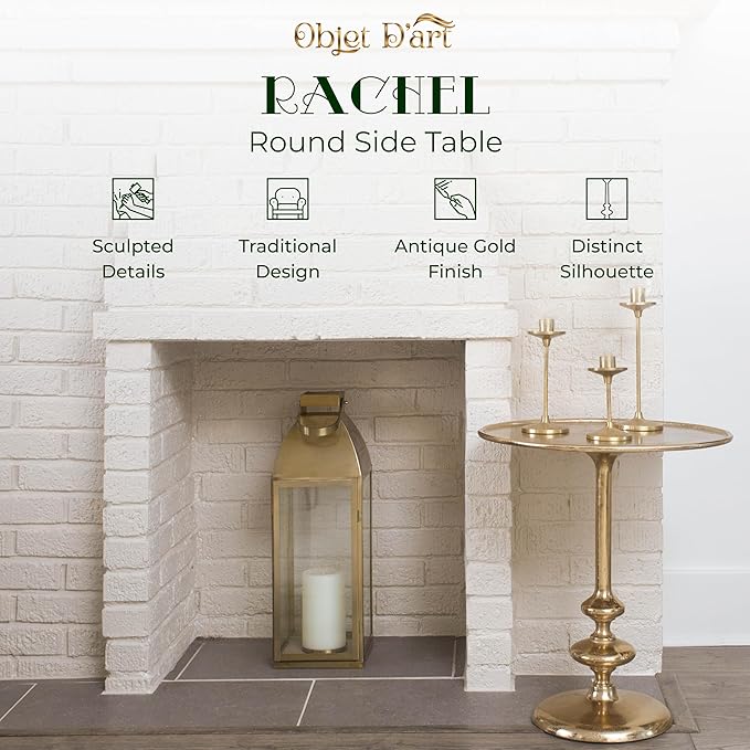 OBJET D'ART Small Round Gold End Table, Rachel, 23" Height, Vintage Metal Accent, Side, Pedestal, Coctail and Drink Tables for Living Room and Small Spaces