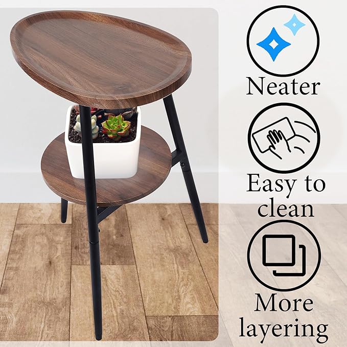 Side Table Small End Table, Oval & Round Wood Sofa Table, 2-Tier Accent Table Nightstand Bedside Table with Metal Frame for Living Room, Bedroom, Small Spaces (Rustic Brown)
