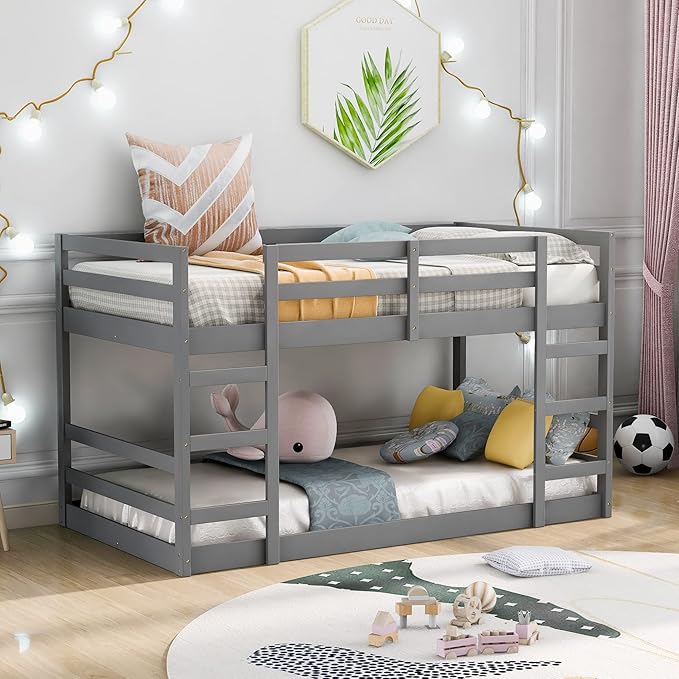 Ball & Cast Twin Over Full Bunk Bed with Two Drawers,Convertible Solid Wood Bed Frame with Ladder & Full Length Guardrails, Detachable Bunk Beds for Kids,Teens,Space Saving, No Box Spring Needed,Grey