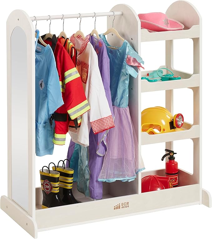 ECR4Kids Dress Up Center with Mirror, Costume Organizer, White Wash