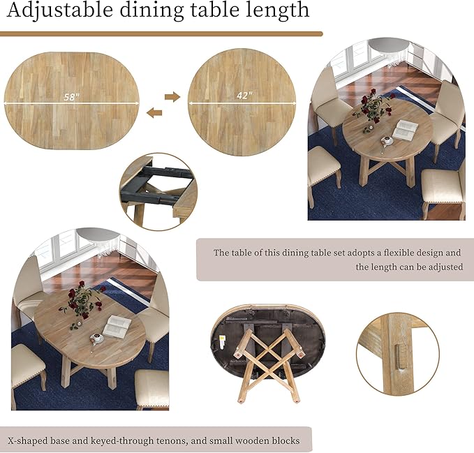 Merax 5-Piece Farmhouse Dining Furniture Set, Wooden Round Extendable Table, and 4 Upholstered Chairs, Natural Wood Wash