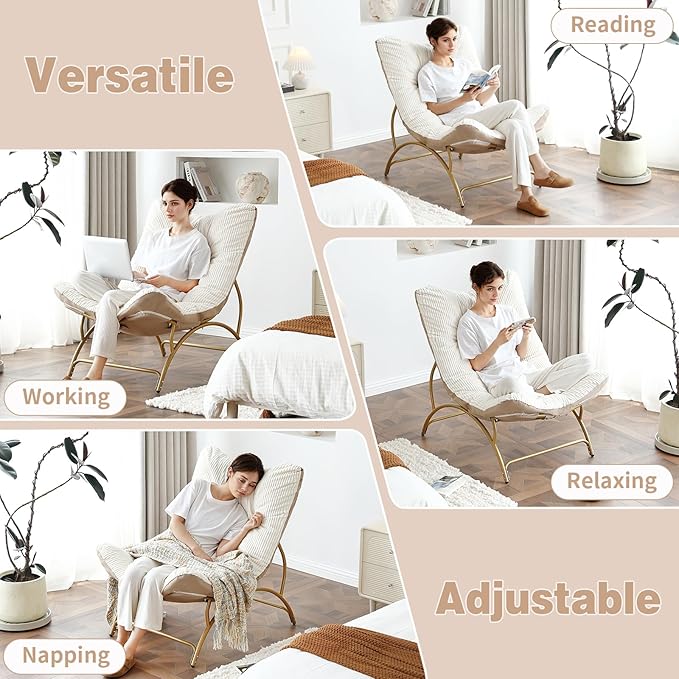 Welnow Accent Lounge Lazy Chair, Comfy Soft Leisure Metal Frame Reading Chair, Upholstered Thick Cushion Seated Recliner Sofa for Living Room, Bedroom, Dorm, Beige