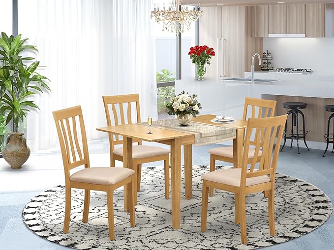 East West Furniture NDAN5-OAK-C 5 Piece Dining Room Table Set Includes a Rectangle Kitchen Table with Dropleaf and 4 Linen Fabric Upholstered Dining Chairs, 30x48 Inch, Oak
