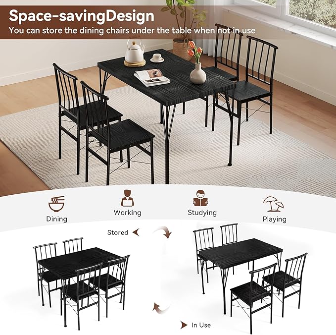 Vipbear Kitchen Dining Table Set for 4, 5-Piece Kitchen Table Set with 1.6“ Thick Tabletop,Dining Room Table Sets,Kitchen Table Set with 4 Chairs for Small Space, Dinette,Apartment,Retro Black