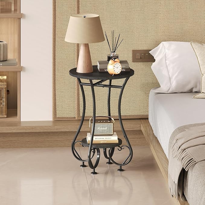 Side Table,Small Round End Table for Small Spaces - Round Bedside Nightstand Table with Metal Frame,Couch Sofa Coffee Table,Retro Accent Table for Living Room Bedroom Balcony,Black,Upgraded Version