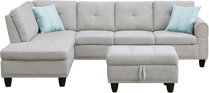 Ball & Cast 98" L Shaped Sectional Couch for Living Room with Chaise & Storage Ottoman,4 Seat Linen Upholstered Modular Sectional Sofa Set 3 PCS W/Cup Holder & Nailhead Trim,for Home,Office,Light Gray