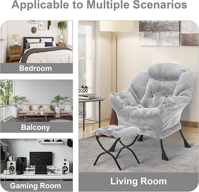 Fabric Lazy Chair with Ottoman, Oversized Upholstered Sofa Chair for Adults, Plush Comfy Lounge Chair with Large Side Storage Pocket, Reading Chair for Living Room, Bedroom, Dorm, Light Gray