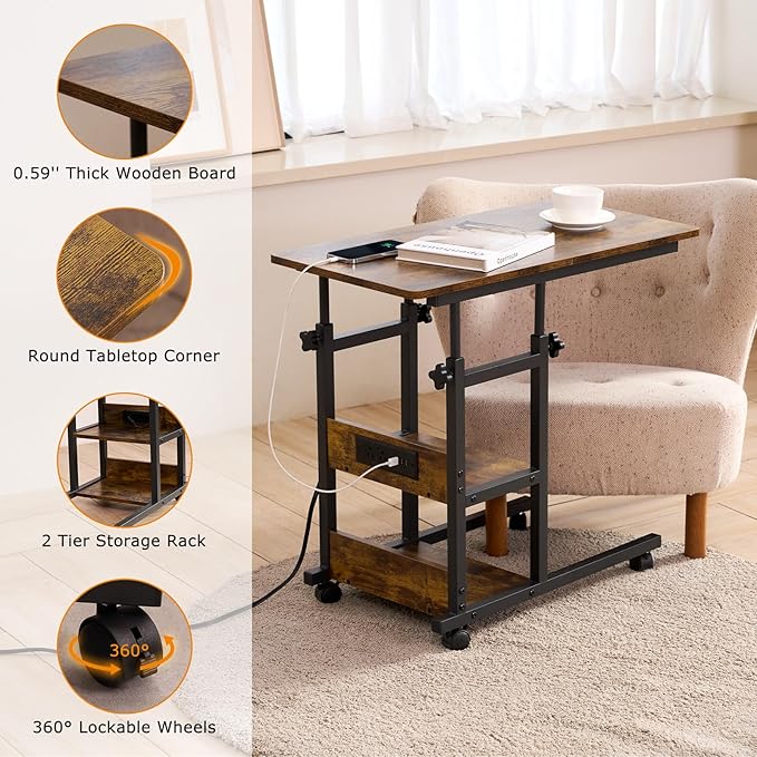 C Shaped End Table Height Adjustable - Couch Side Table with Charging Station, TV Tray with Wheels Slide Under Sofa for Small Spaces, Living Room Bedroom, Rustic Brown